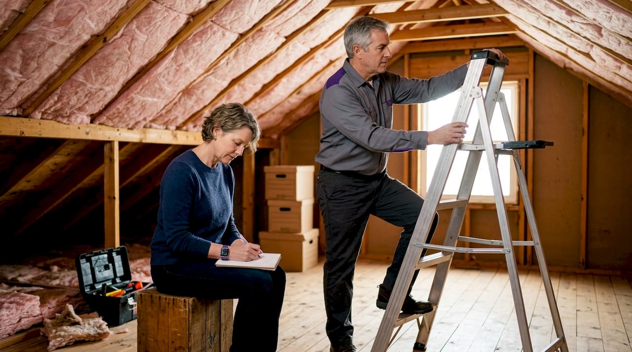 Couple inspecting attic insulation before selling home