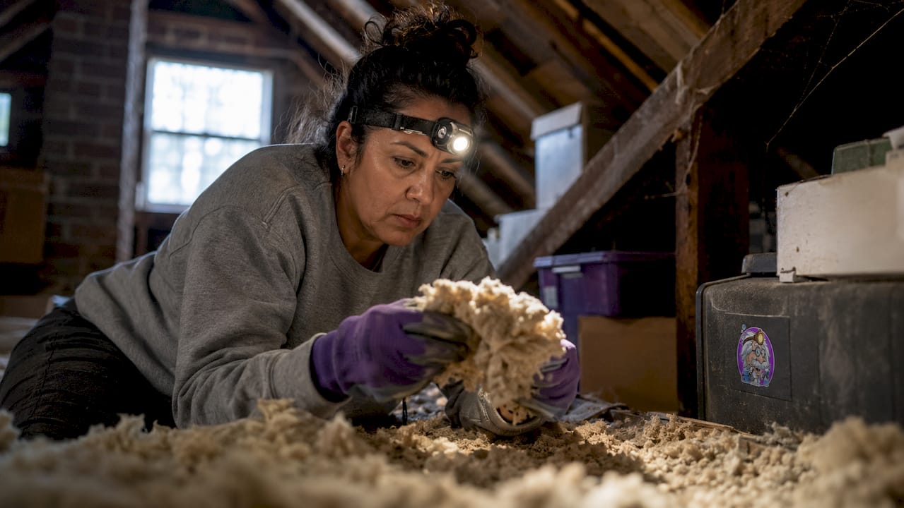 Homeowner inspecting attic insulation