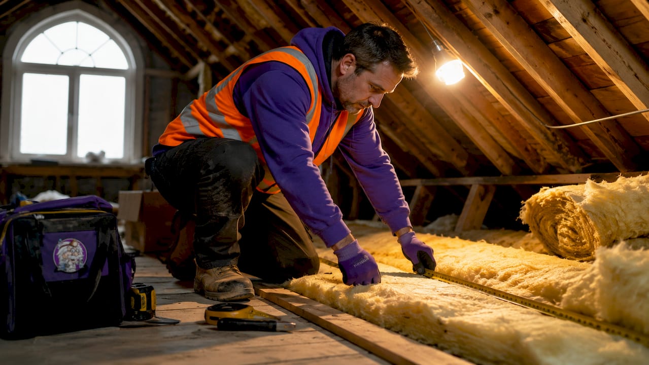 Man installing attic insulation in home attic
