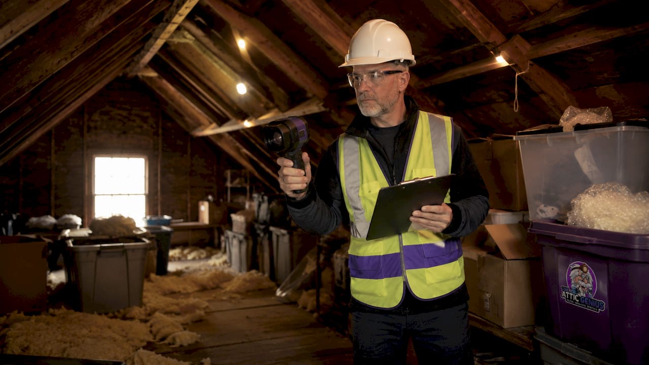 Inspector climbs attic ladder with tools