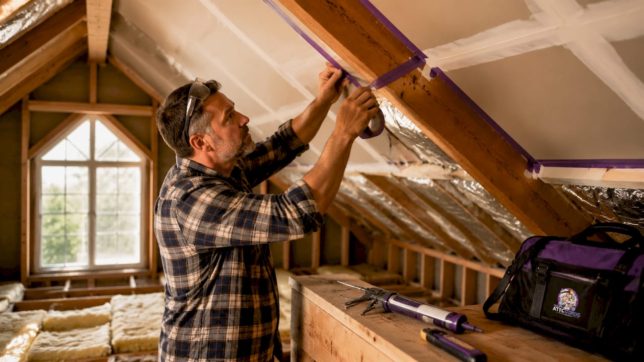 Worker applying attic air barrier tape