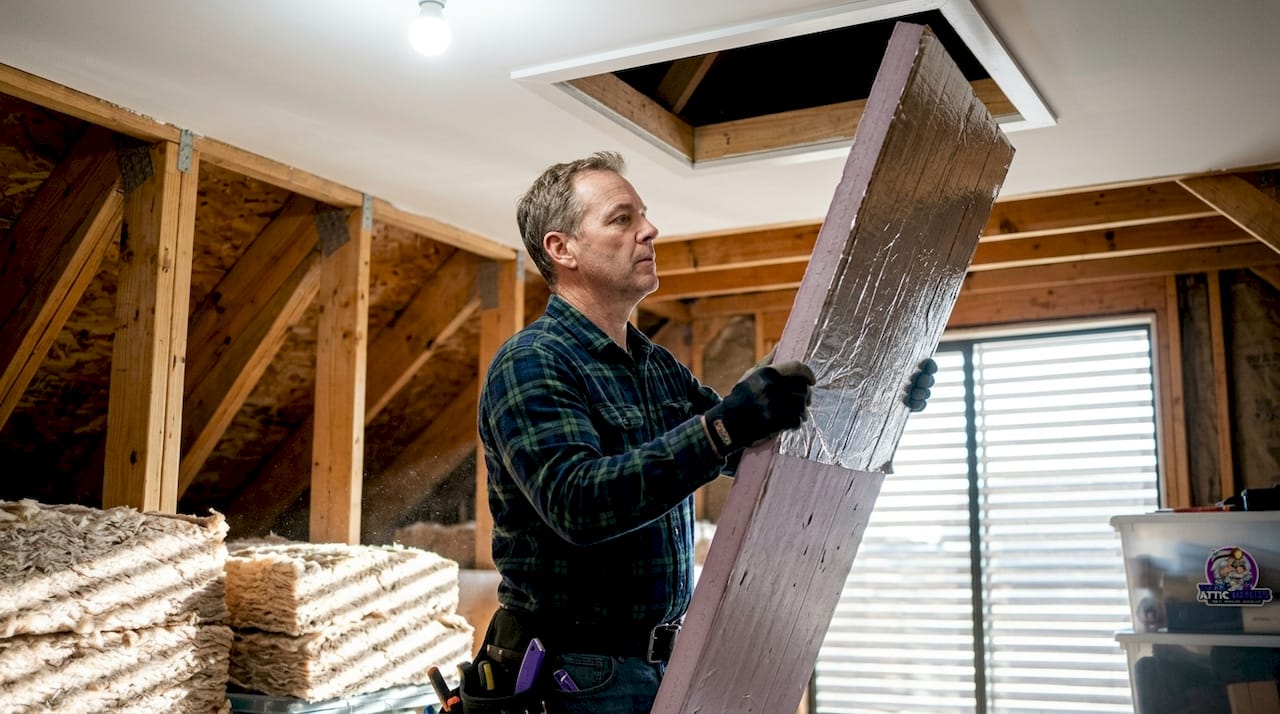 Man installing insulation on attic hatch