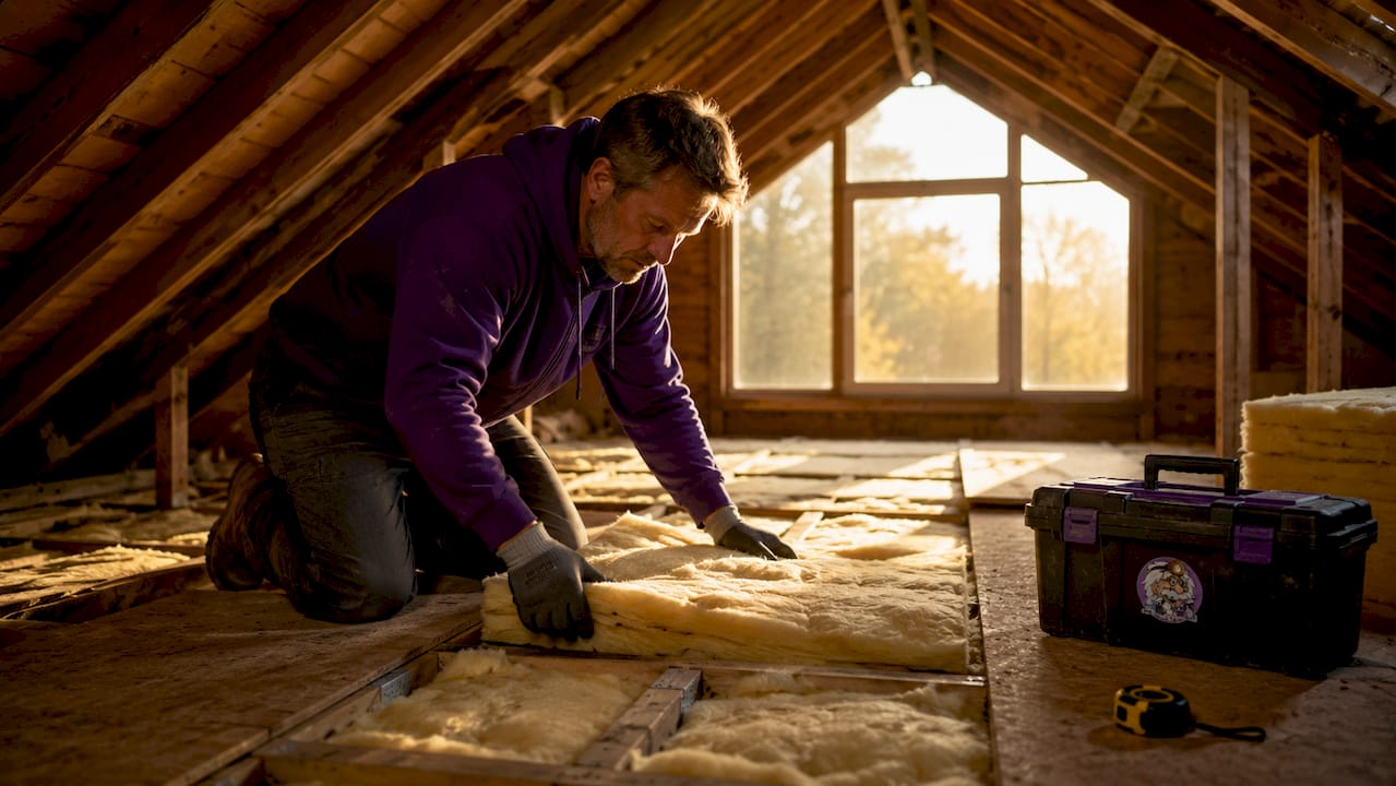 Man installing fiberglass batt insulation in attic