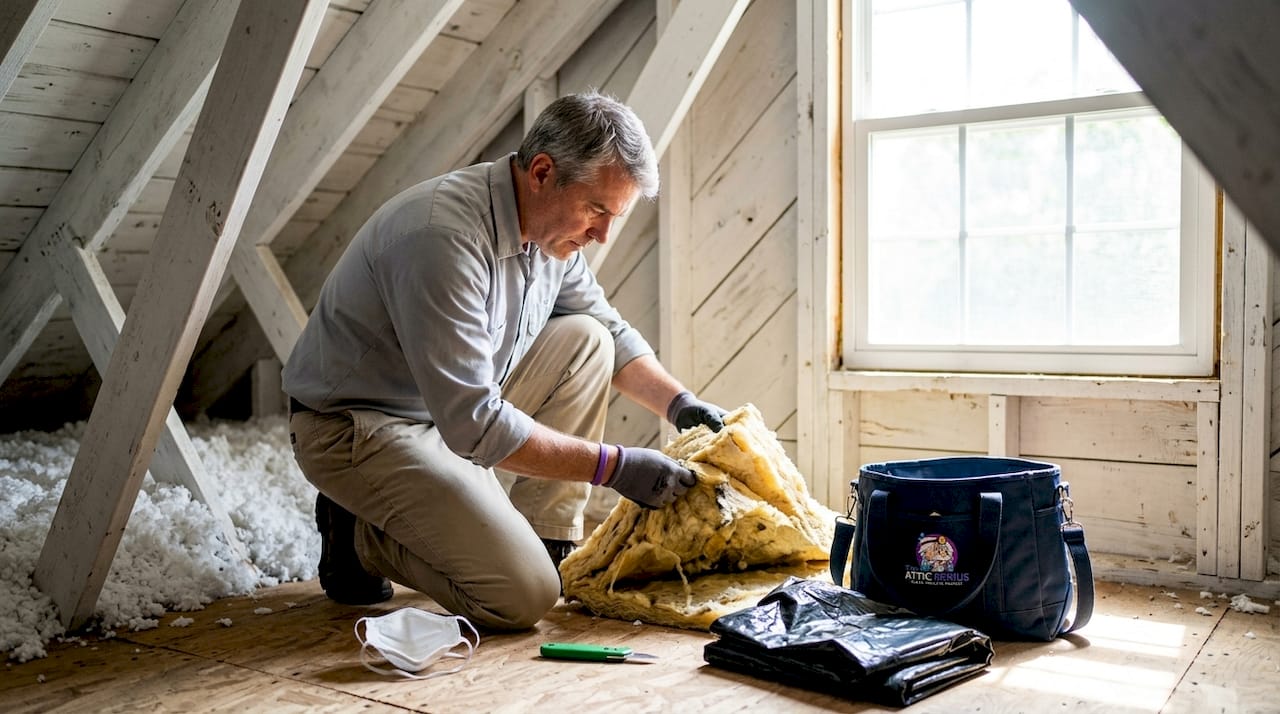 Homeowner inspecting attic insulation damage