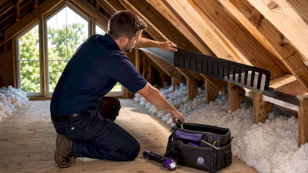 Home inspector installing attic baffle in attic