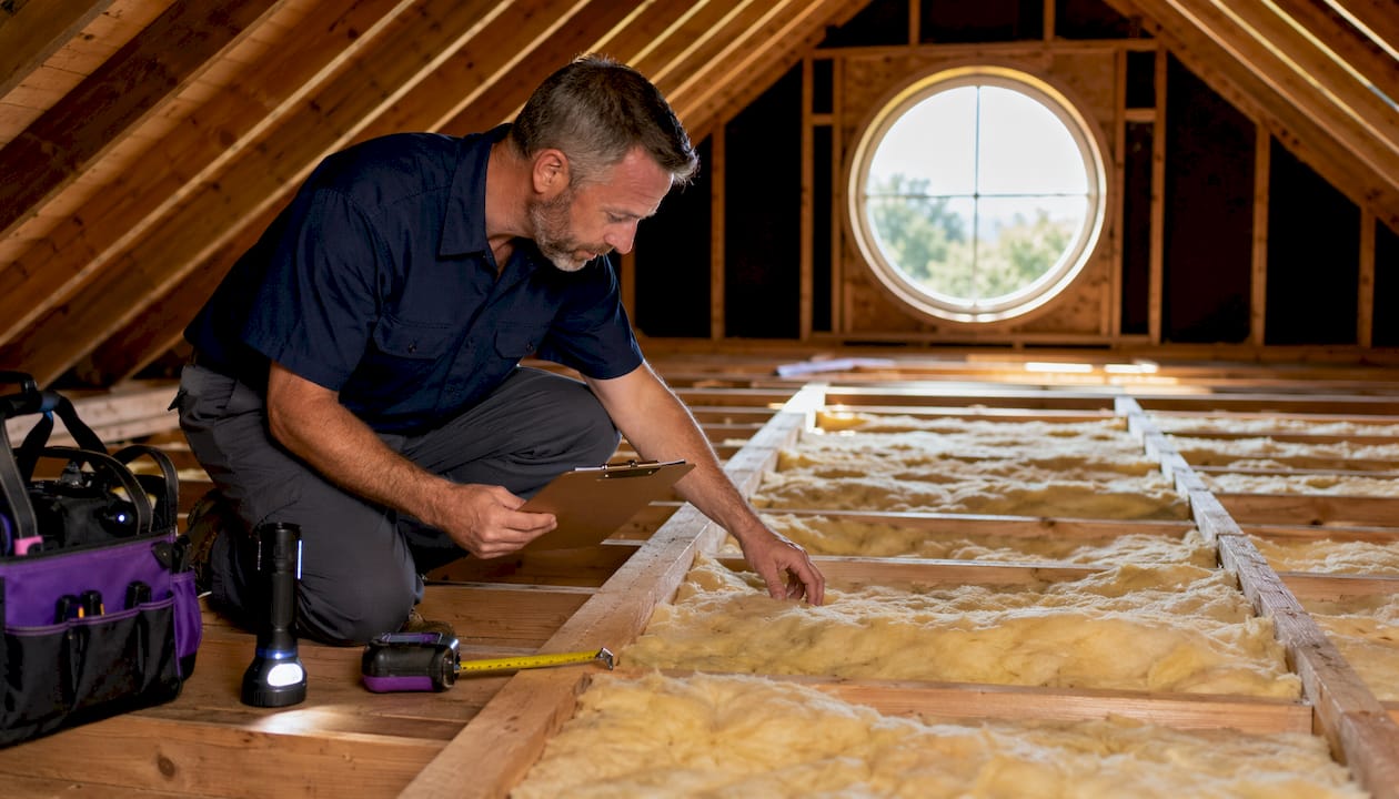 Homeowner inspecting attic floor insulation