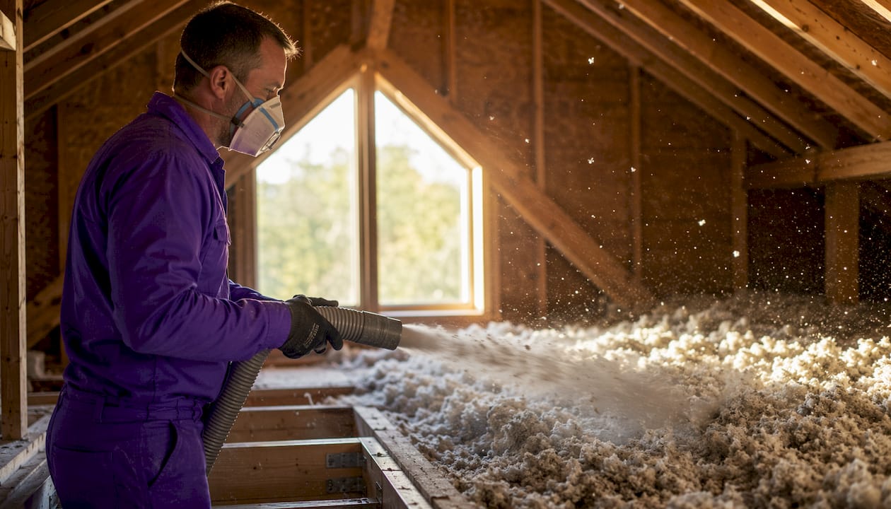 Technician applying loose-fill cellulose attic insulation