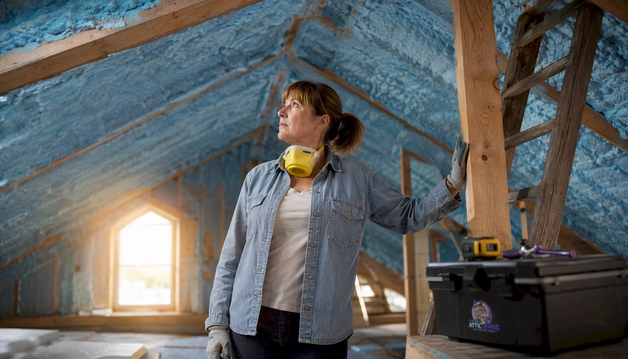 1784661252638_Homeowner-inspecting-new-attic-spray-foam-insulation Homeowner inspecting new attic spray foam insulation
