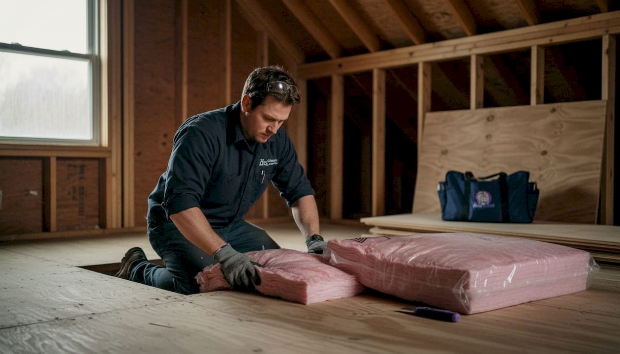 Handyman installing fiberglass batt insulation in attic