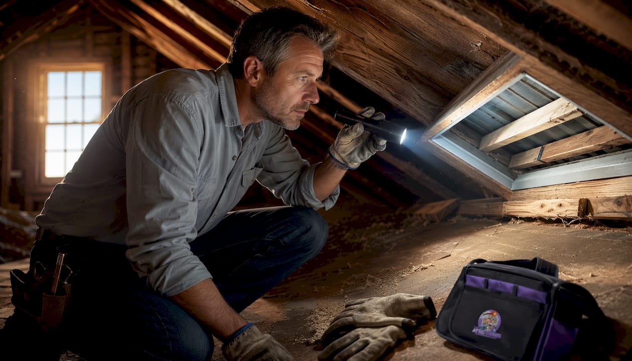 Home inspector examining attic eave vents
