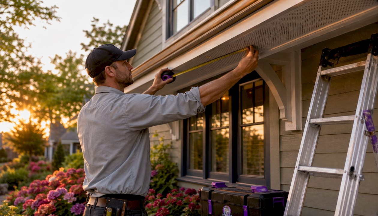 Roofer measuring continuous soffit vent outdoors