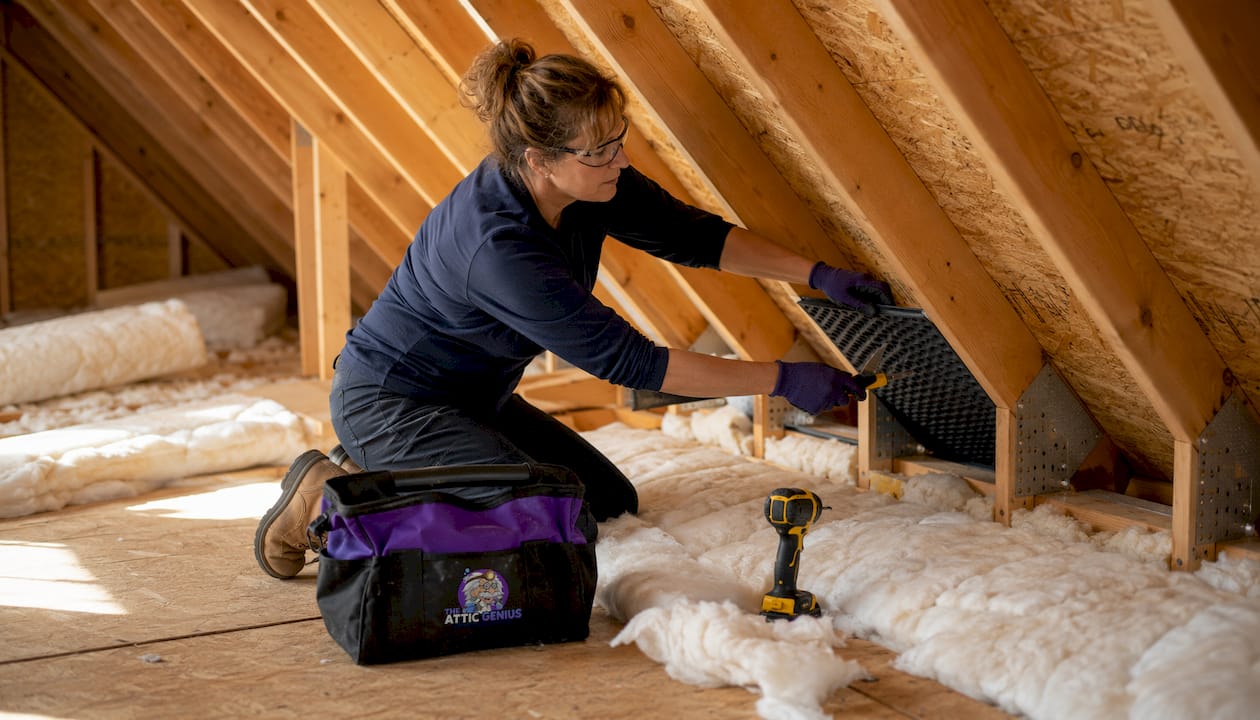 Contractor installing foam rafter baffles in attic