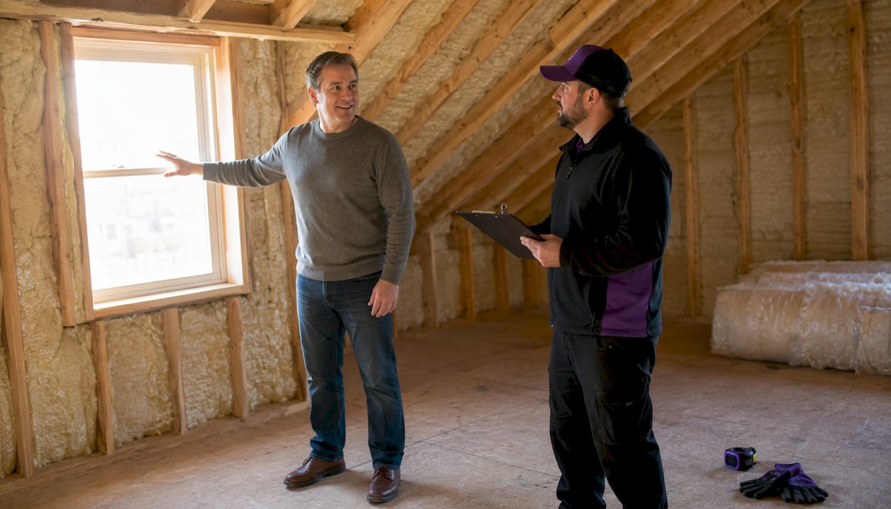 Homeowner asking contractor questions in attic space