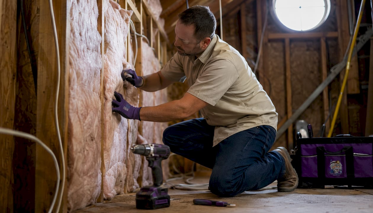 Technician installing fiberglass insulation in attic