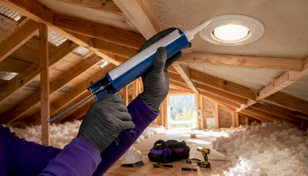 Hands sealing attic light fixture gap