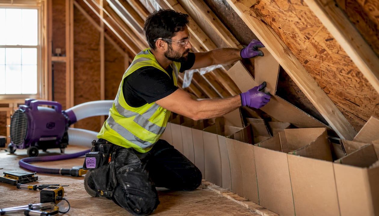 Installer placing attic ventilation baffles