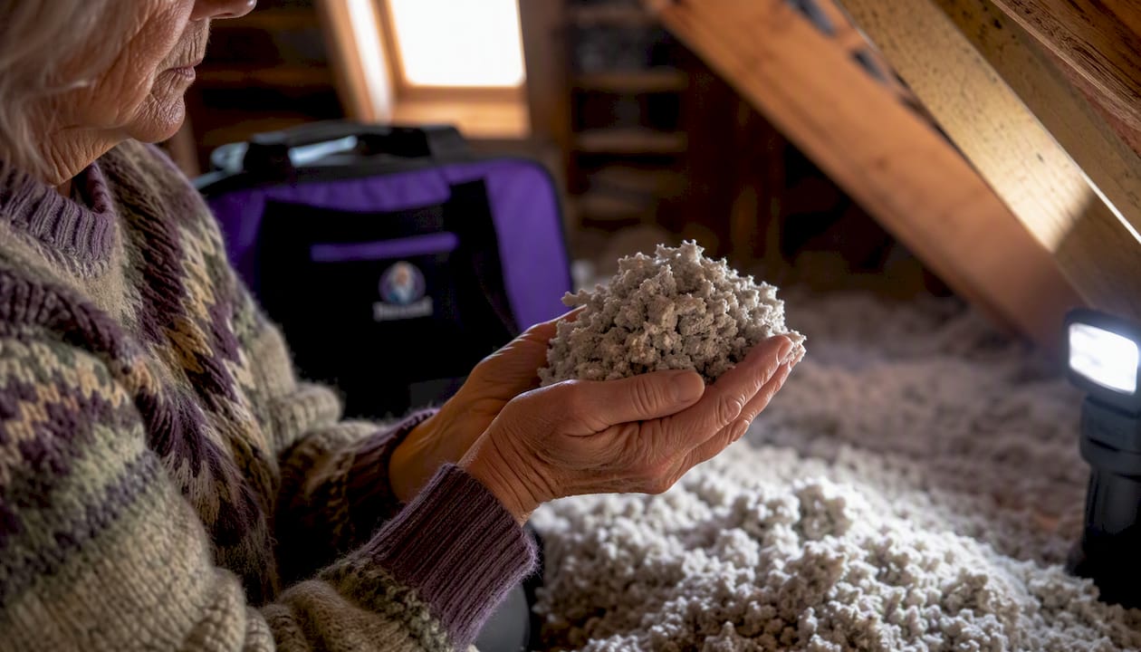 Hands holding blown-in cellulose insulation sample