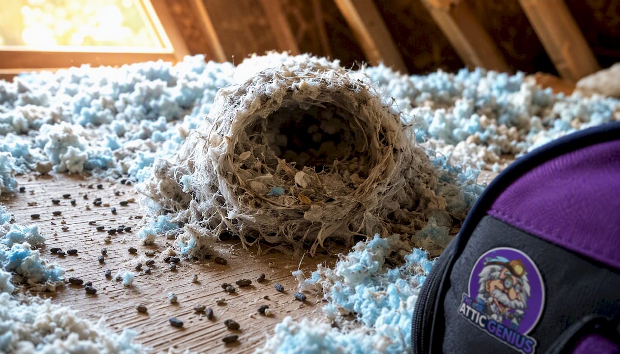 Close-up of mouse nest in attic insulation
