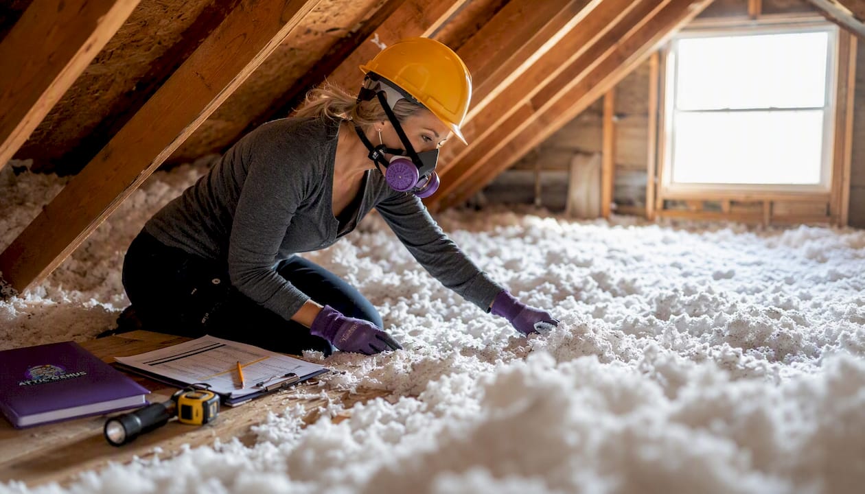 Homeowner inspecting attic insulation safely