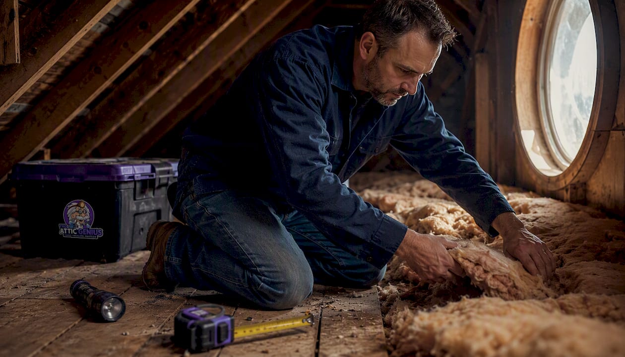 Man inspecting old attic insulation