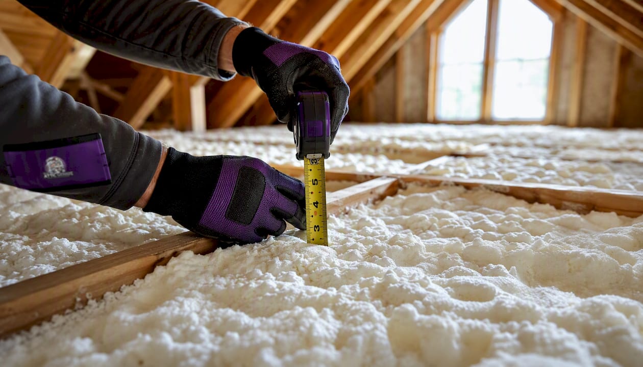 Hands measuring insulation thickness