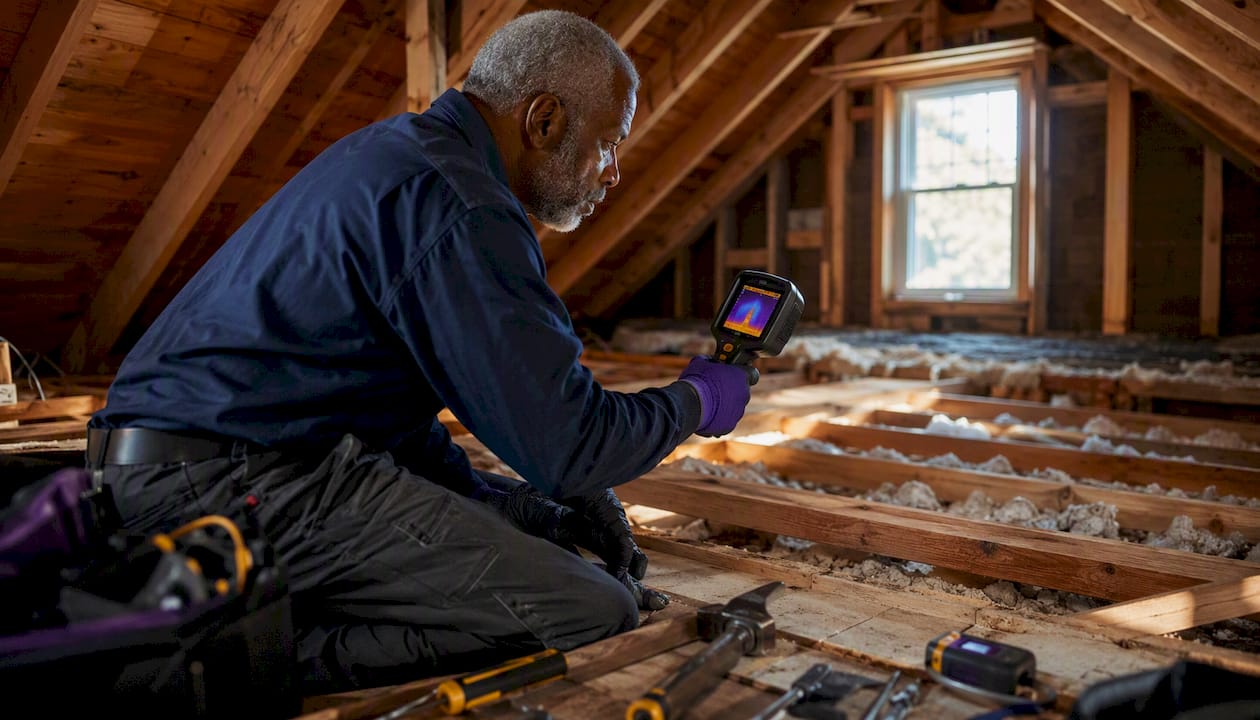 Technician using thermal camera on insulation