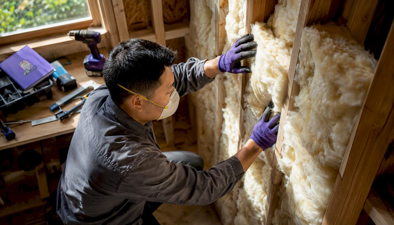 Contractor installing fiberglass batt insulation