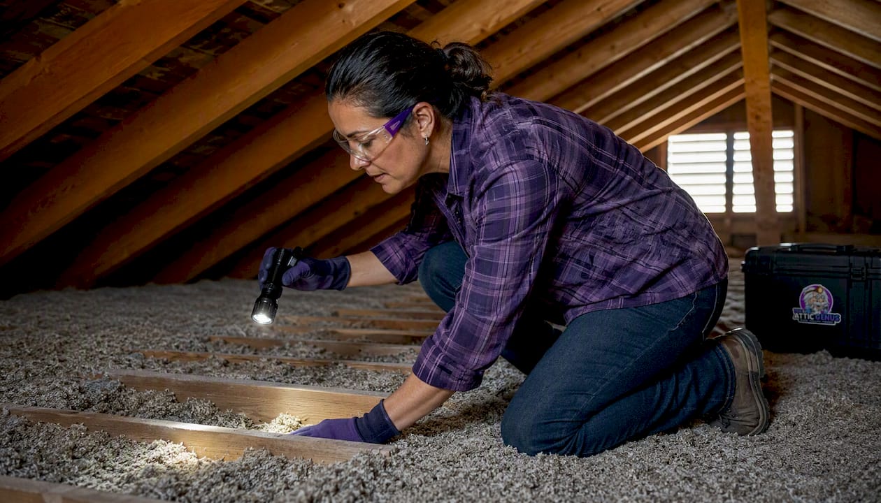 Woman inspecting attic insulation gaps