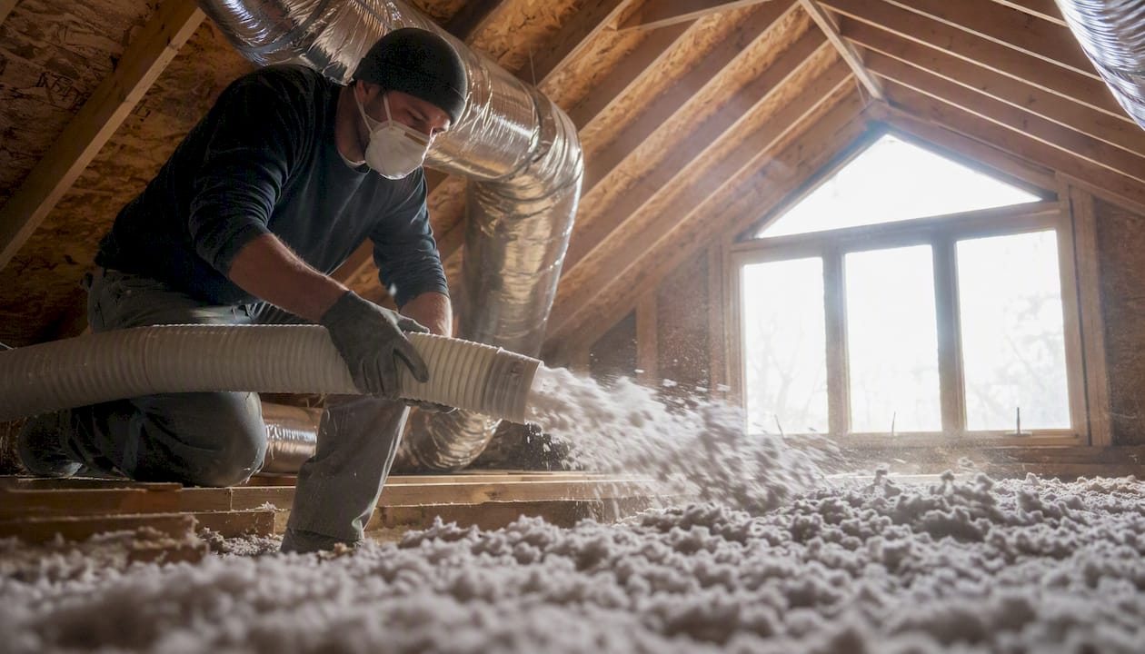 Professional installing blown-in attic insulation