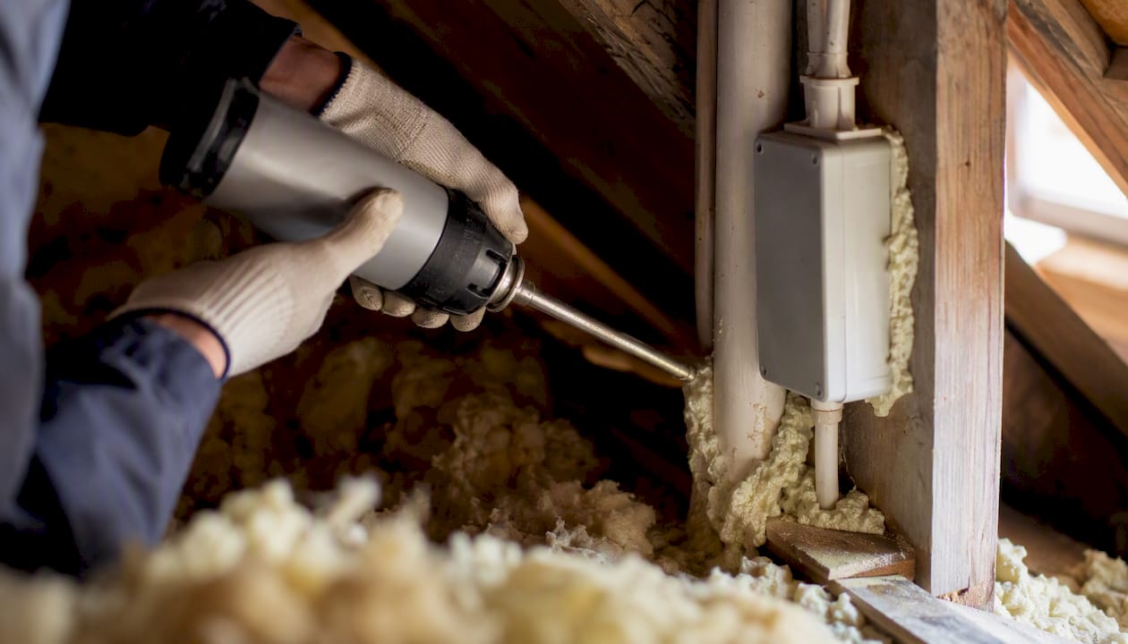 Hands applying foam to attic gaps