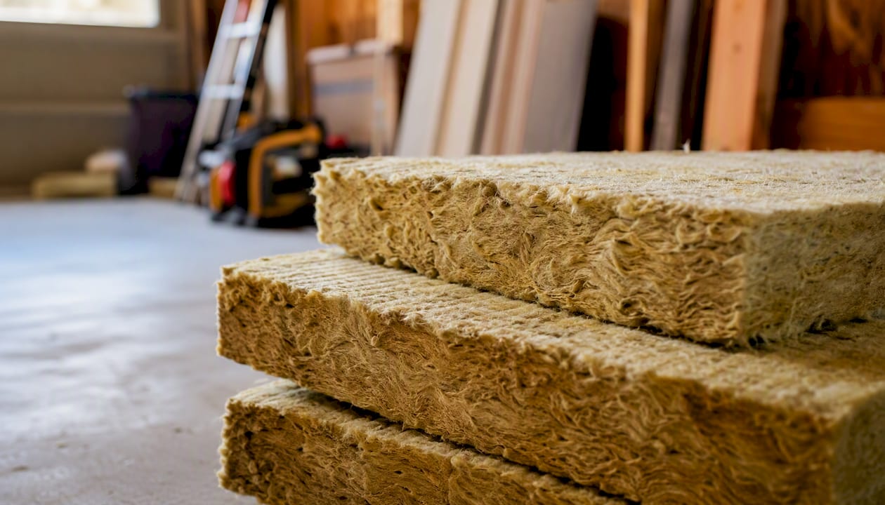 Close-up of fibrous mineral wool insulation batts
