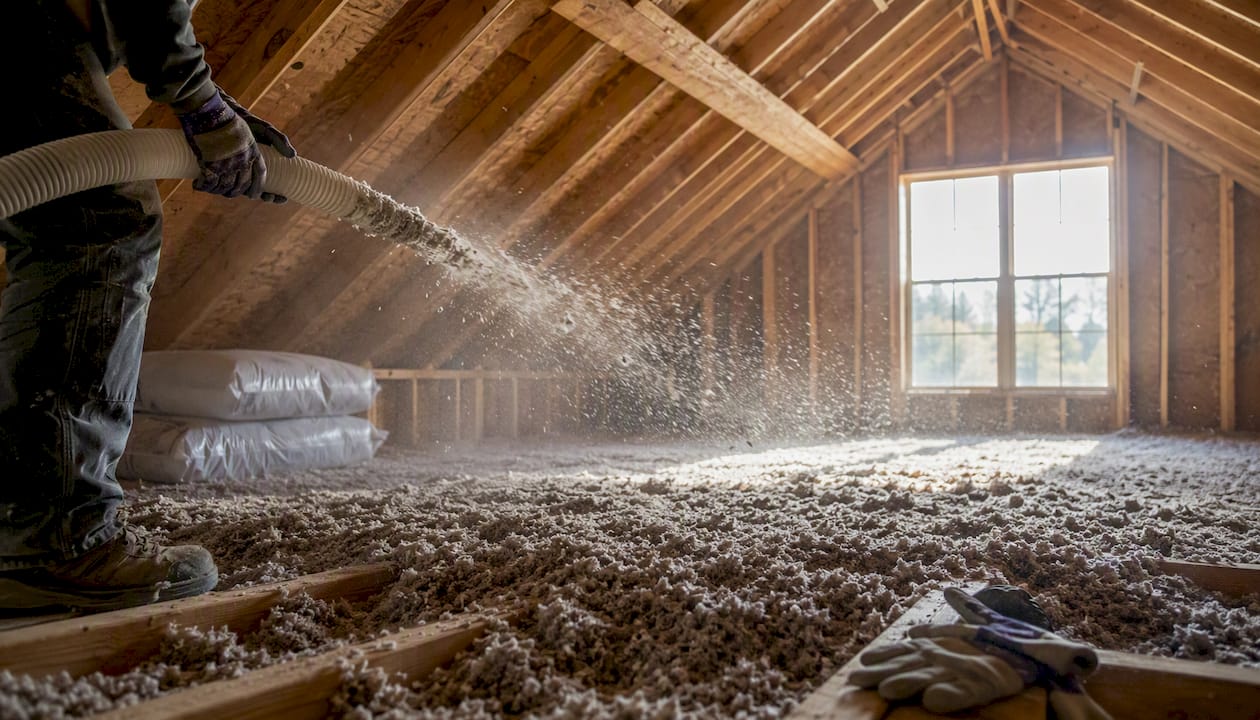 Installer blowing loose-fill insulation in attic