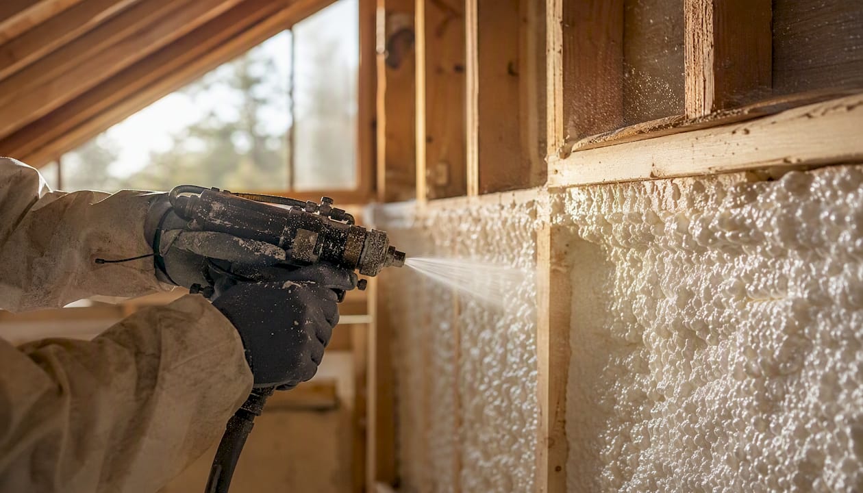 Closed-cell spray foam applied to rim joist framing