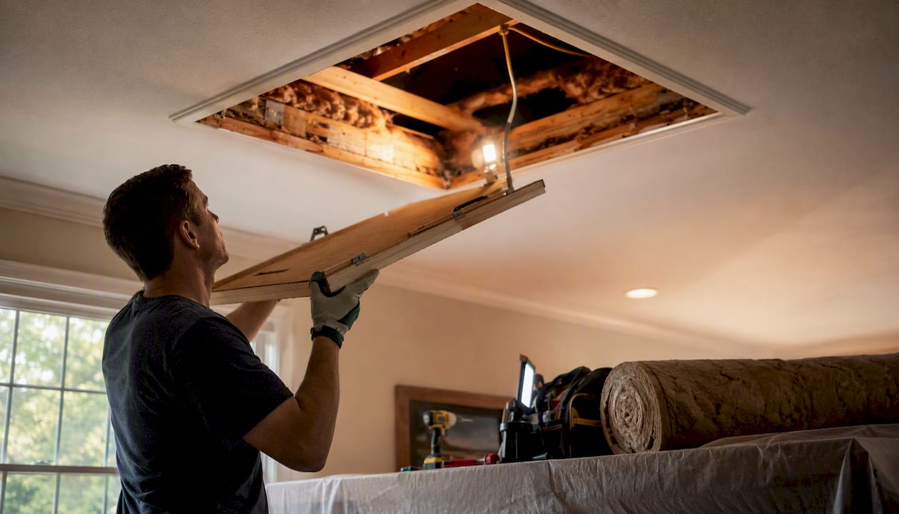 1786186680957_Homeowner-inspecting-attic-hatch-for-drafts Homeowner inspecting attic hatch for drafts