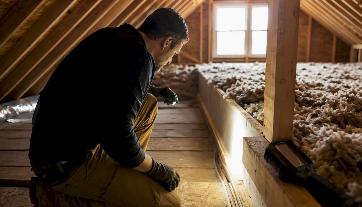 Attic rim joist insulation inspection