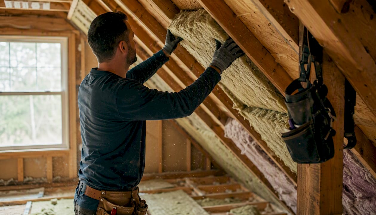 Hands installing mineral wool insulation in attic