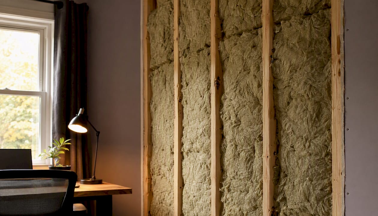 Mineral wool insulation in wall cavity for soundproofing