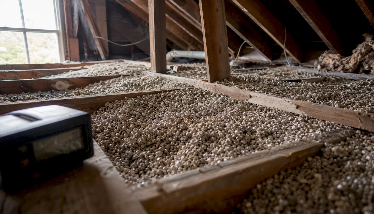Attic interior with loose vermiculite insulation