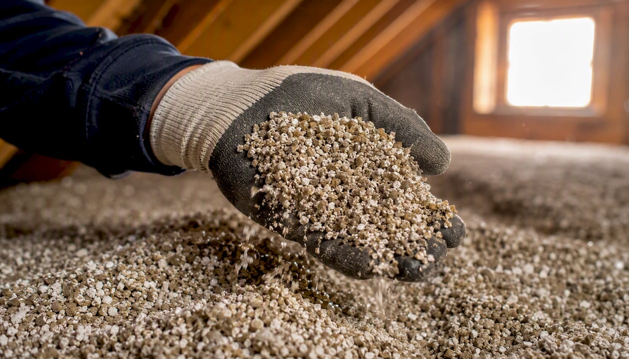 Hand scooping loose vermiculite insulation sample