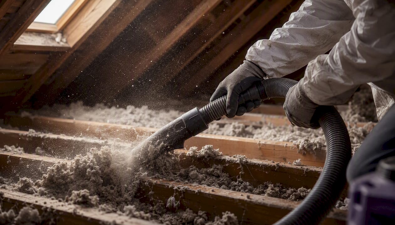 HEPA vacuum removing attic insulation