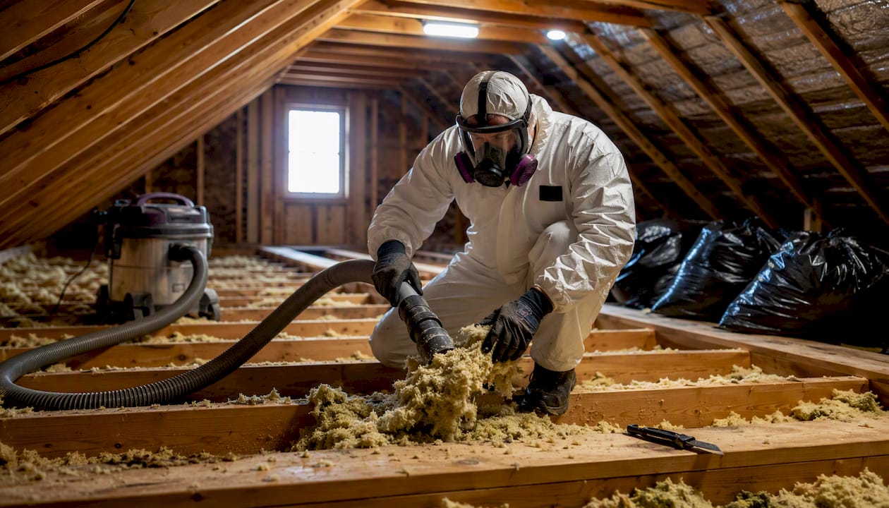 Technician removing attic insulation