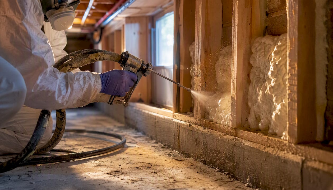 Close-up of spray foam application on rim joist