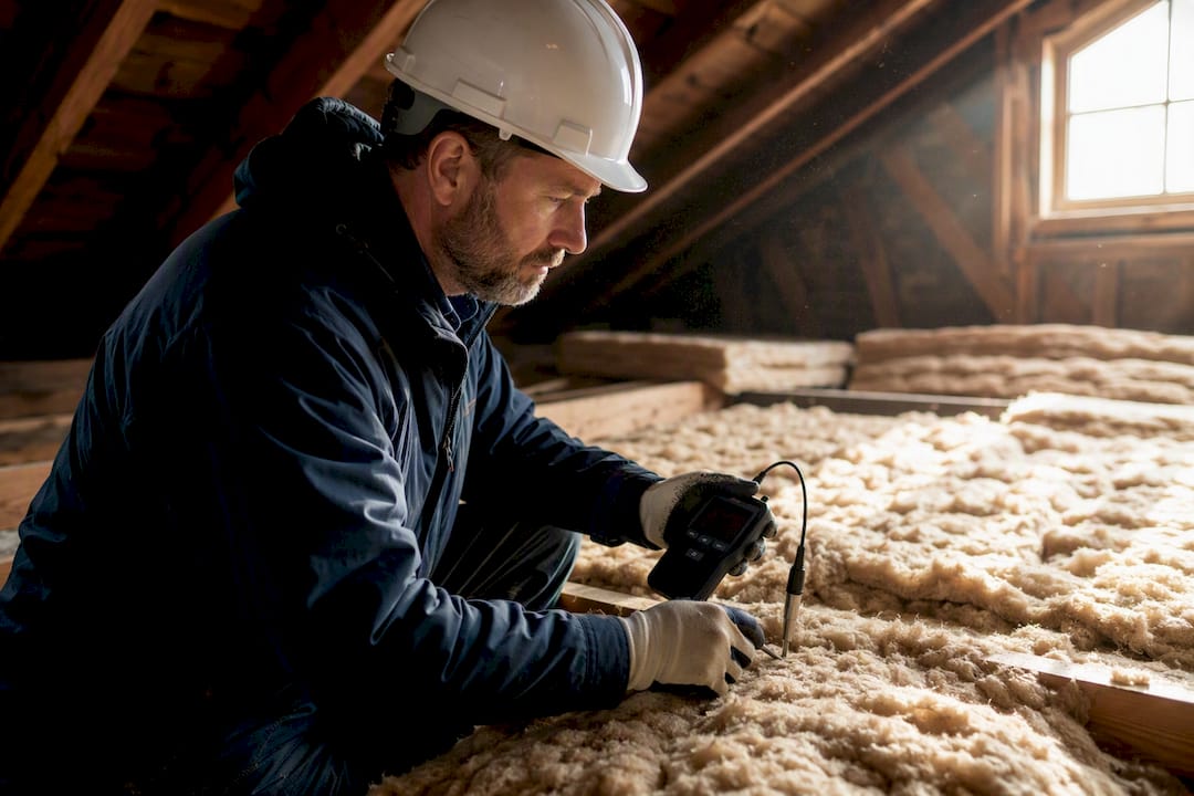 Attic inspector checking insulation with moisture meter