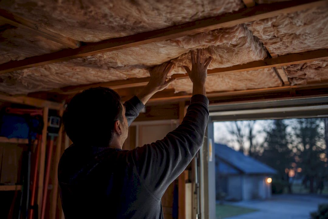 Hands installing fiberglass insulation in garage ceiling