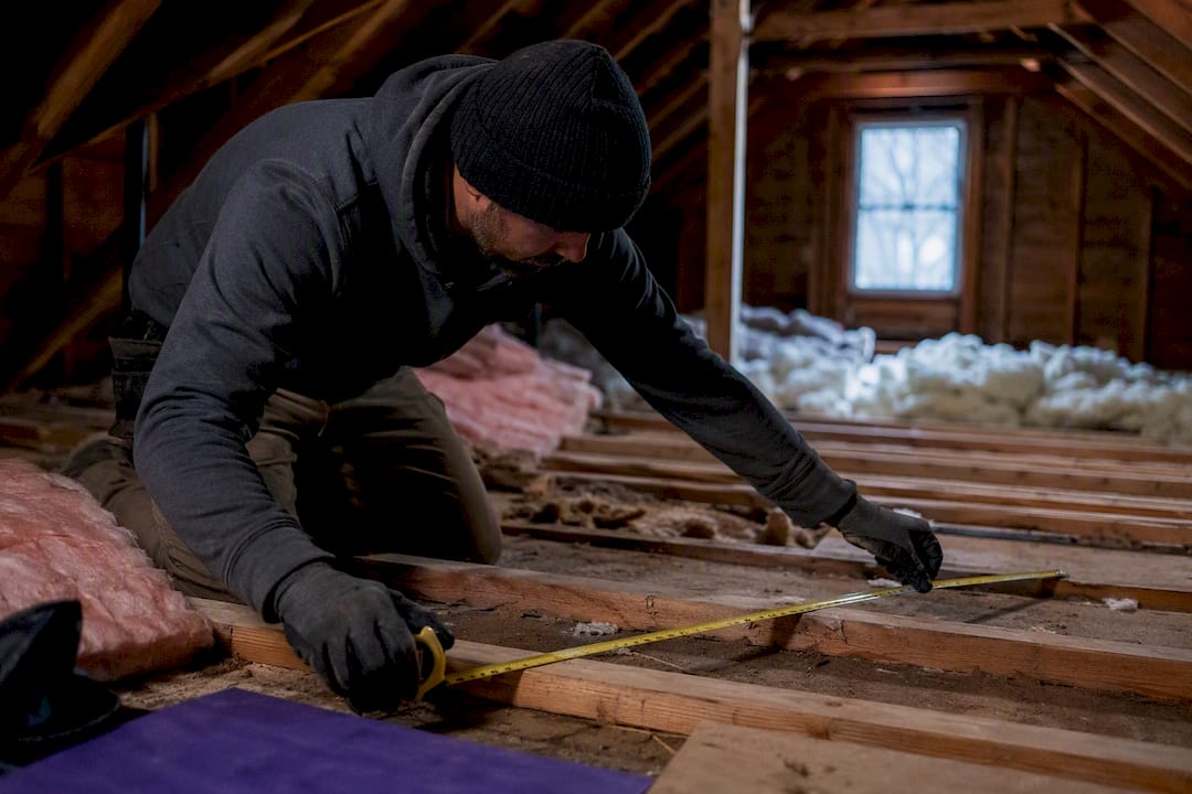 Contractor measuring attic for insulation