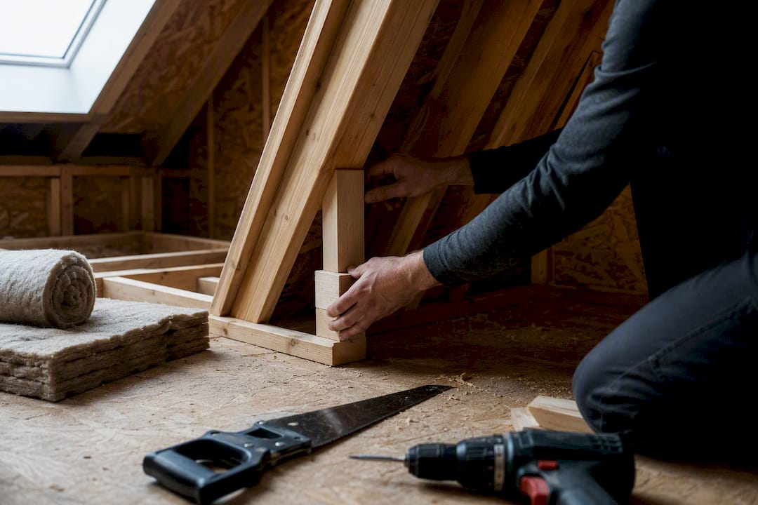 Hands fitting wooden blocking in attic joists