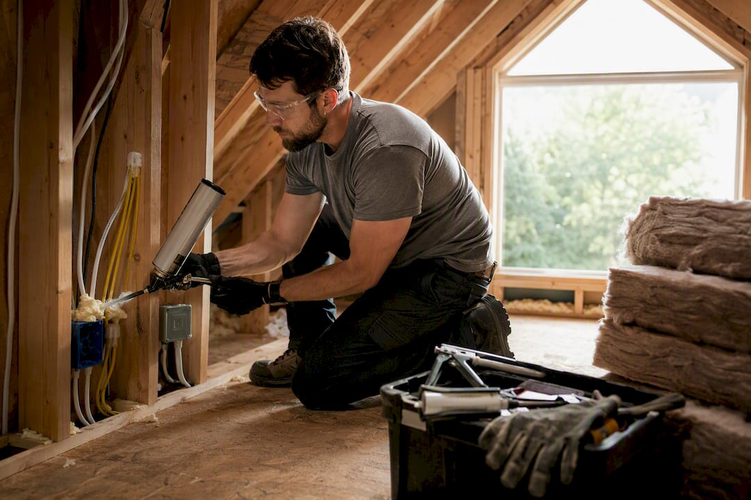 Hands applying spray foam to attic wiring gaps
