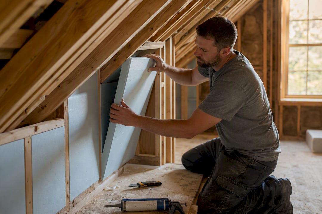 Rigid foam insulation fitted in attic knee wall