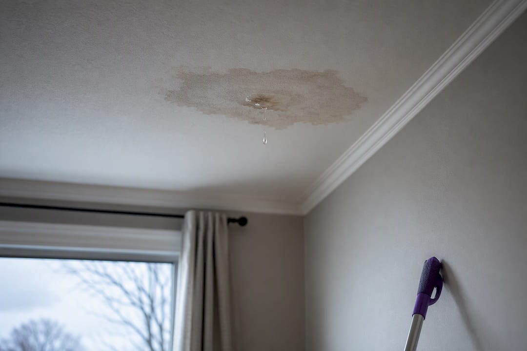 Water dripping through ceiling from ice dam