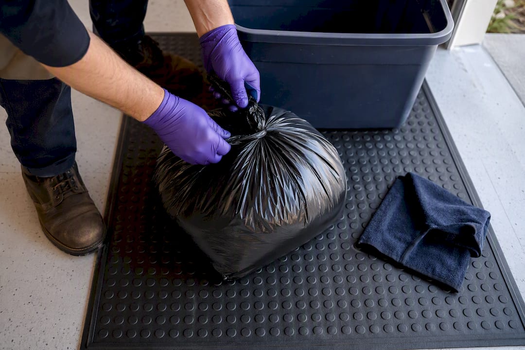 Sealed double-bagged guano waste in garage